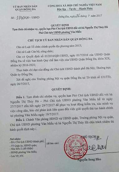 Quận Đống Đa tạm đình chỉ Phó chủ tịch UBND phường Văn Miếu ảnh 1